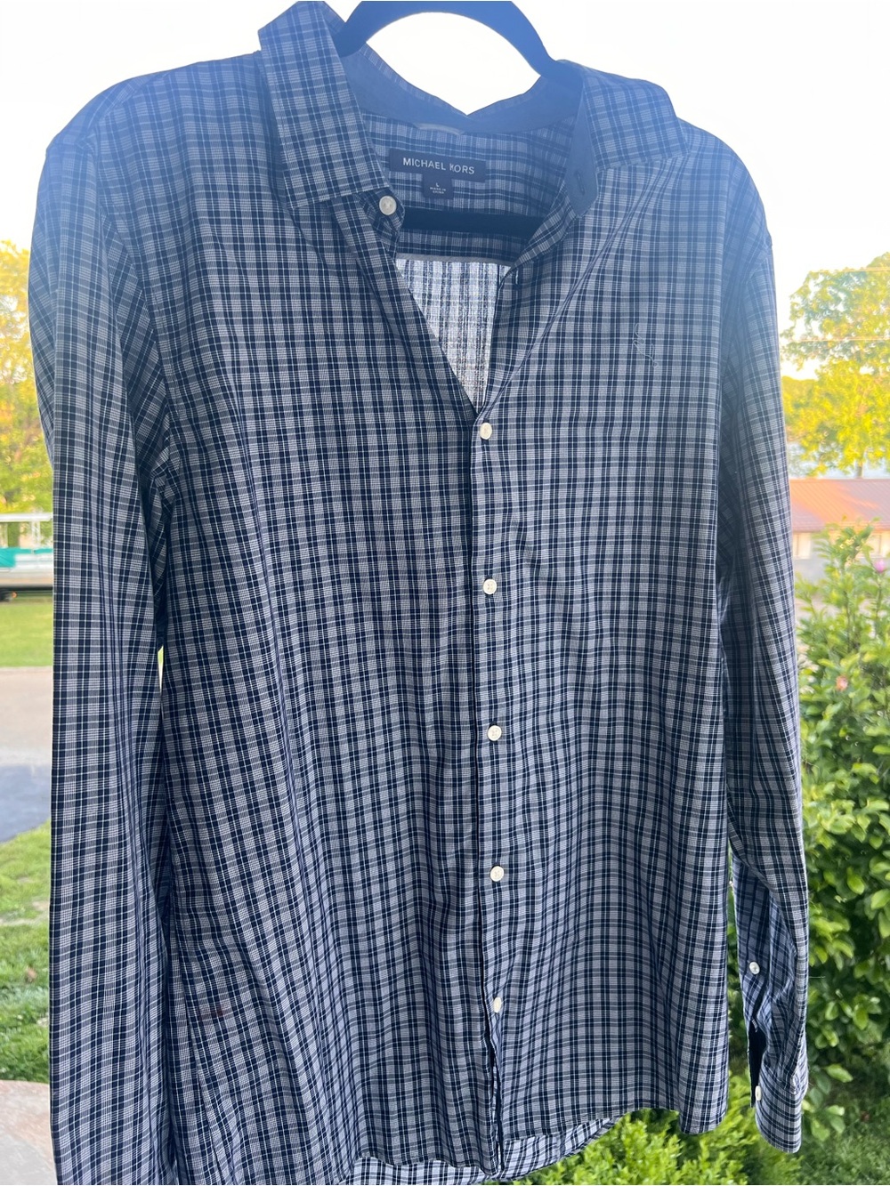 Michael Kors Navy and White Plaid Button-Down Shirt